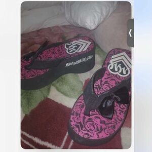 Metal Mulisha Pink and Black Women's Flip Flops